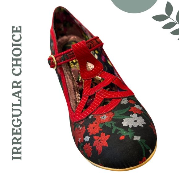 Irregular Choice Floral Heels | Red Black Mary Jane Style | Retro Statement Shoe - Picture 7 of 12